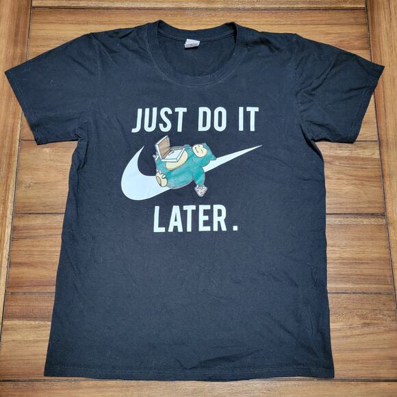 Pokemon Snorlax Black Unisex Tee "Nike Just Do It Later" - Size Small - Picture 1 of 4